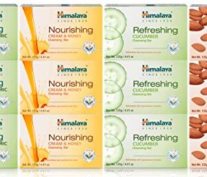 Himalaya Cleansing Bar Soaps Variety Pack, Neem & Turmeric, Almond, Cream & Honey and Cucumber, 4.41 oz, 12 Pack