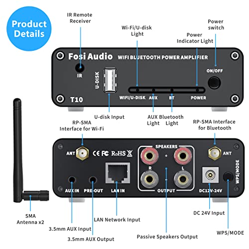 Fosi Audio T10 2.1CH WiFi(Support Airplay 1 and Spotify) TPA3116 Bluetooth 5.0 Stereo Receiver Amplifier 24bit 192 kHz 2.4G Wi-Fi Routing Module Wireless Multiroom/Multi-Zone Audio Amp 100Wx2