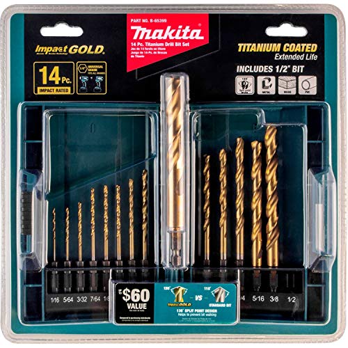 Makita B-65399 Impact Gold 14 Pc. Titanium Drill Bit Set, 1/4 In. Hex Shank