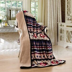 Nu Trendz Signature Southwest Design Sherpa Lined Throw Blanket 50"x 60" (Blue_Beige)