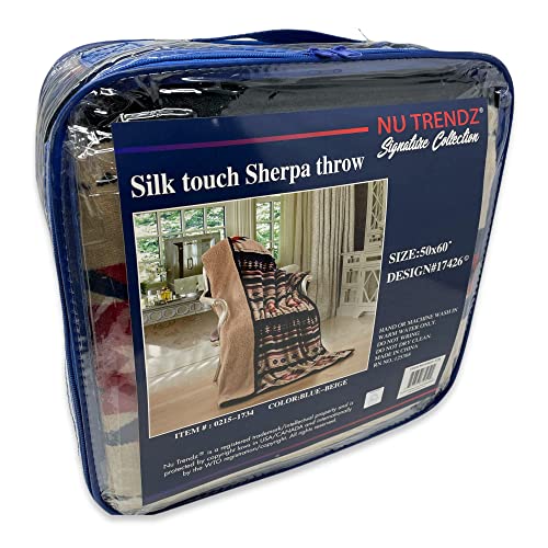 Nu Trendz Signature Southwest Design Sherpa Lined Throw Blanket 50"x 60" (Blue_Beige)
