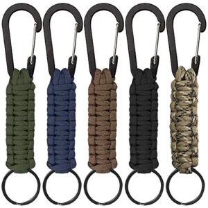 senhai 5 pcs paracord keychains with carabiner, braided lanyard ring hook clip for keys knife flashlight outdoor camping hiking backpack fit men women - 5 colors