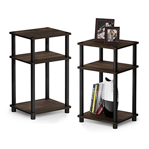 Furinno Just 3-Tier Turn-N-Tube End Table / Side Table / Night Stand / Bedside Table with Plastic Poles, 2-Pack, Columbia Walnut/Black