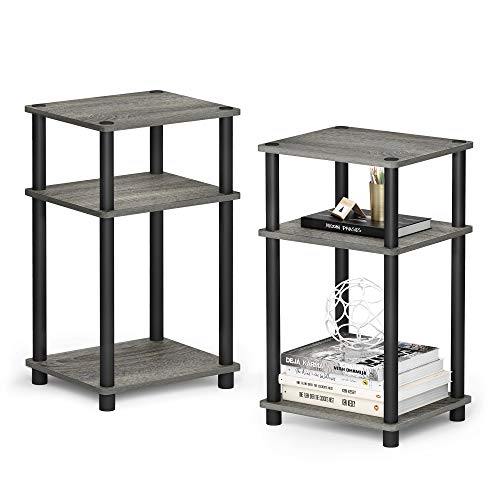 Furinno Just 3-Tier Turn-N-Tube End Table / Side Table / Night Stand / Bedside Table with Plastic Poles, 2-Pack, French Oak Grey/Black