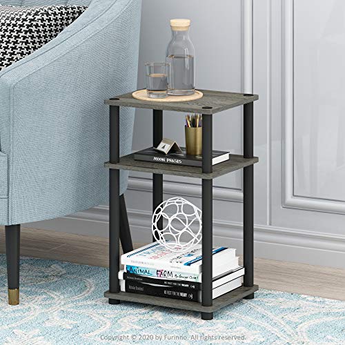 Furinno Just 3-Tier Turn-N-Tube End Table / Side Table / Night Stand / Bedside Table with Plastic Poles, 2-Pack, French Oak Grey/Black