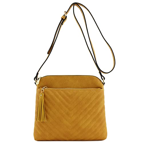 FashionPuzzle Chevron Quilted Medium Crossbody Bag with Tassel Accent (Mustard)