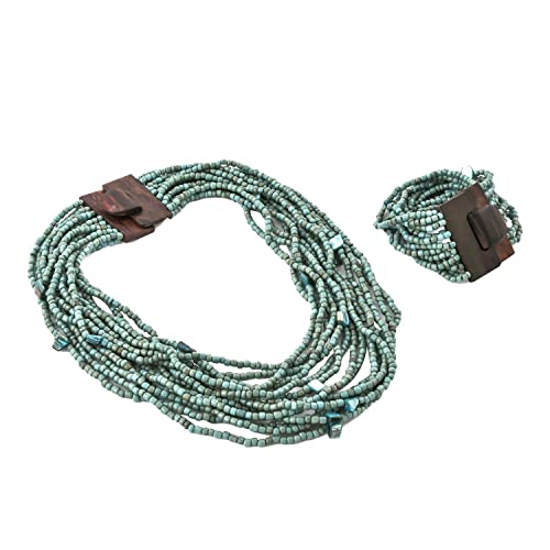 Shop LC Handmade Green Seed Bead Boho Costume Jewelry Set for Women Stretchable Beaded Bracelet Statement Necklace Multi Strand Layered Wooden Buckle Clasp Size 18" & 6.5" to 7.5" Birthday Gifts