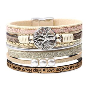 Bracelets for Women Wrap Boho Buckle Stacking Multilayer Leather Wide Layered Family Tree of Life Inspirational Bracelet Mothers Day Birthday Jewelry Gifts for Teen Teenage Year Old Girls