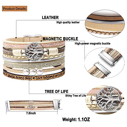 Bracelets for Women Wrap Boho Buckle Stacking Multilayer Leather Wide Layered Family Tree of Life Inspirational Bracelet Mothers Day Birthday Jewelry Gifts for Teen Teenage Year Old Girls