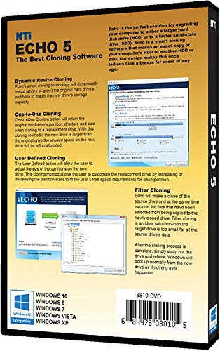 NTI Echo 5 | New Version 5.5 | Disk Cloning Migration and Duplication Software. It Simply Works | Make an exact copy of HDD, SSD or NVMe SSD, with Dynamic Resizing | Available in Download and CD-ROM