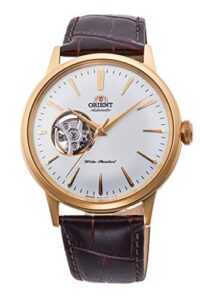 orient 'bambino open heart' japanese automatic stainless steel and leather dress watch, gold, default title, strap