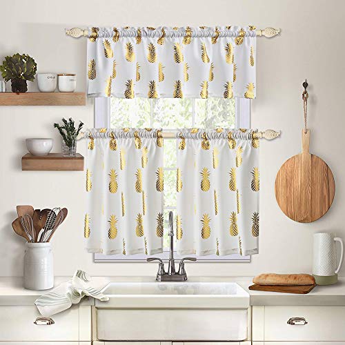 OREMILA Kitchen Curtain Valances for Windows 56" x 15", Metallic Print Golden Pineapple Valances for Living Room/Bathroom/Kitchen Windows, Rod Pocket, 1 Pack