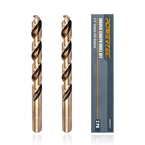 POWERTEC QDB2012 1/2" Cobalt Drill Bit, 2 Pack, M35 Cobalt Drill Bit Set for Metal, Stainless Steel & Cast Iron