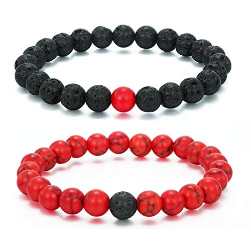 MengPa Mens Beaded Bracelets Couples Matching Bracelet Set Lava Rock Beads for Women Stone Jewelry (Howlite-Red) US4163B