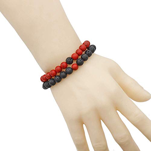 MengPa Mens Beaded Bracelets Couples Matching Bracelet Set Lava Rock Beads for Women Stone Jewelry (Howlite-Red) US4163B