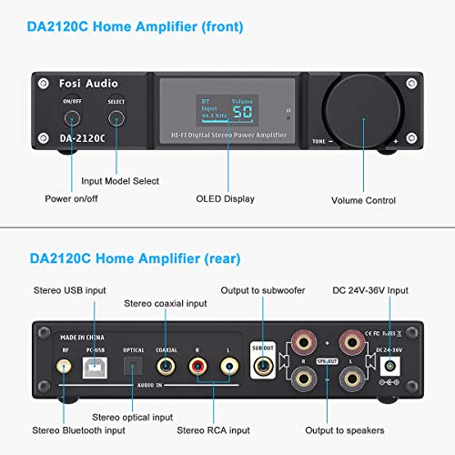 Fosi Audio DA2120C 240W Bluetooth 5.0 Stereo Audio Hi-Fi DAC Amplifier Support aptX 24Bit-192kHz 2.1 Channel Integrated Class D Power Amp with RCA/PC-USB/Coaxial/Optical Input and Remote Control