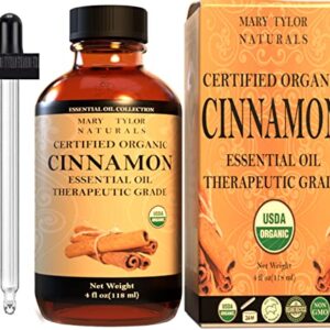 Organic Cinnamon Essential Oil (4 oz), USDA Certified Organic, Therapeutic Grade, 100% Pure and Natural, Perfect for Aromatherapy, Diffuser, DIY by Mary Tylor Naturals