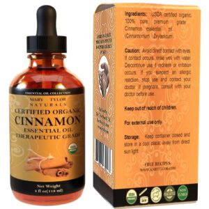 Organic Cinnamon Essential Oil (4 oz), USDA Certified Organic, Therapeutic Grade, 100% Pure and Natural, Perfect for Aromatherapy, Diffuser, DIY by Mary Tylor Naturals