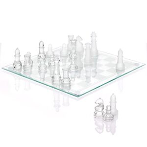 srenta fine glass chess set game, modern clear chess set, deluxe chess set glass chess board set with solid clear & frosted chess glass pieces | 9.7’’ crystal chess boards sets, felt padding included