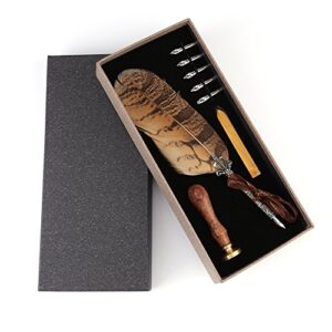 zjchao quill feather pen, comfortable touch exquisite design antique style less stress calligraphy owl pen set alloy nibbed writing quill dip pen business office supplies with a gift box