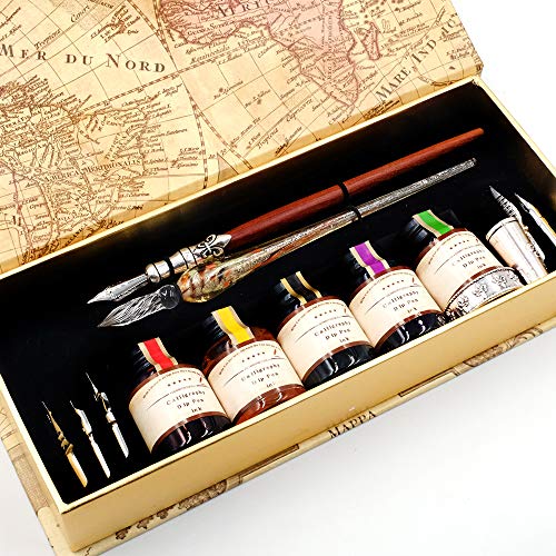 GC QUILL MU-02 Calligraphy Pen Set, Glass Dip Pen and Handcrafted Wooden Dip Pen Gift Set with 5 Colors Calligraphy Ink 6 Nibs 1 Pen Holder, Calligraphy Set for Beginners