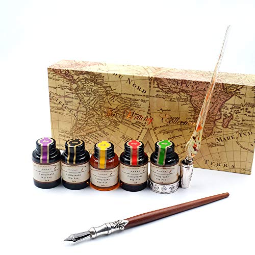 GC QUILL MU-02 Calligraphy Pen Set, Glass Dip Pen and Handcrafted Wooden Dip Pen Gift Set with 5 Colors Calligraphy Ink 6 Nibs 1 Pen Holder, Calligraphy Set for Beginners