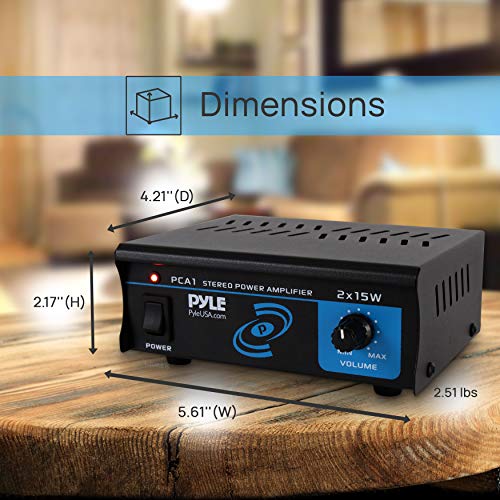 Pyle PCA1.5 2x15 Watt Stereo Power Amplifier - Compact Mini 2-Channel Portable Home Audio Speaker Receiver Box for Amplified Speakers Sound System with RCA Cable L/R Input for CD Player, Tuner, MP3