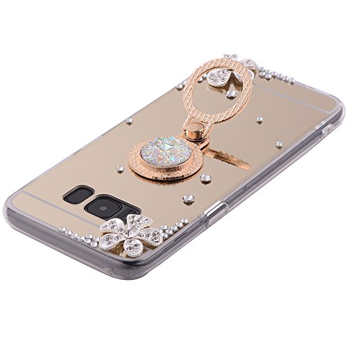 DasKAn Rhinestone Mirror Case for Samsung Galaxy Note 8 with Metal Finger Holder Ring Stand,Crystal 3D Diamond Design Ultra Slim Soft Silicone Back Cover Flexible TPU Protective Phone Case,Gold#1