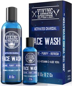 viking revolution charcoal face wash for men- scrub away dirt and toxins, skin cleaning agent - cleanse, purify and refresh - daily charcoal facial cleanser - 8 fl oz plus a 2 fl oz, 2 piece set