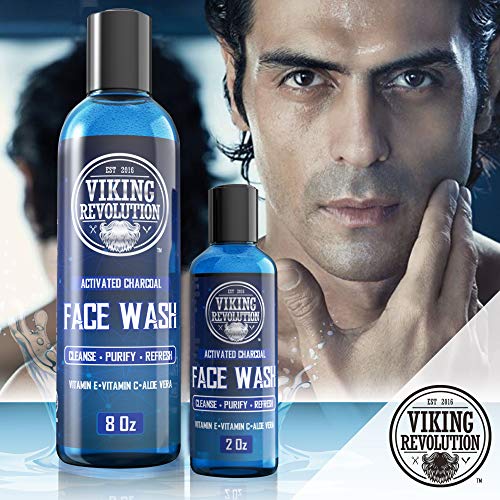 Viking Revolution Charcoal Face Wash for Men- Scrub Away Dirt and Toxins, Skin Cleaning Agent - Cleanse, Purify and Refresh - Daily Charcoal Facial Cleanser - 8 Fl Oz plus a 2 Fl Oz, 2 Piece Set