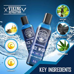 Viking Revolution Charcoal Face Wash for Men- Scrub Away Dirt and Toxins, Skin Cleaning Agent - Cleanse, Purify and Refresh - Daily Charcoal Facial Cleanser - 8 Fl Oz plus a 2 Fl Oz, 2 Piece Set