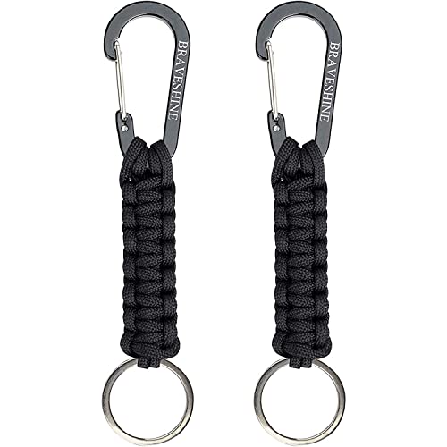 BRAVESHINE Keychain Hook with Paracord Strap 2 Pack Black Metal Key Ring Carabiner Hanger Para Cord D Locking Keyring Clip for Keys, Backpack, Boys, Girls, Men, Women, Camping, Hiking, Travailing