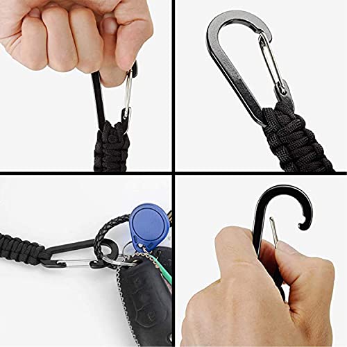 BRAVESHINE Keychain Hook with Paracord Strap 2 Pack Black Metal Key Ring Carabiner Hanger Para Cord D Locking Keyring Clip for Keys, Backpack, Boys, Girls, Men, Women, Camping, Hiking, Travailing