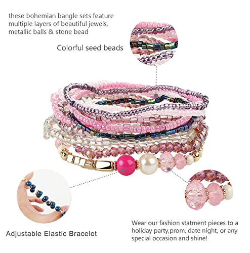 FIBO STEEL 6 Sets Bohemian Stackable Bead Bracelets for Women Stretch Multilayered Bracelet Set Multicolor Jewelry,Small Beads Stylish Style