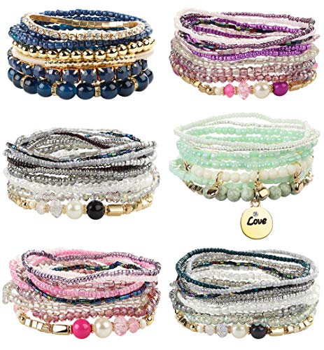 FIBO STEEL 6 Sets Bohemian Stackable Bead Bracelets for Women Stretch Multilayered Bracelet Set Multicolor Jewelry,Small Beads Stylish Style