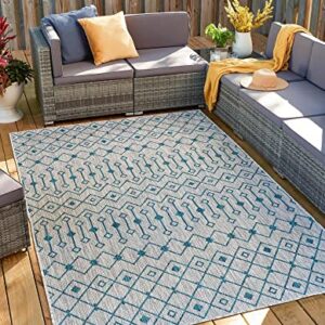 Unique Loom Outdoor Trellis Collection Area Rug - Tribal Trellis (7' 1" x 10' Rectangle, Light Blue/ Ivory)