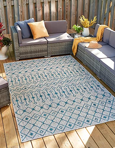 Unique Loom Outdoor Trellis Collection Area Rug - Tribal Trellis (7' 1" x 10' Rectangle, Light Blue/ Ivory)