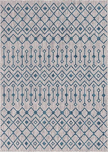 Unique Loom Outdoor Trellis Collection Area Rug - Tribal Trellis (7' 1" x 10' Rectangle, Light Blue/ Ivory)