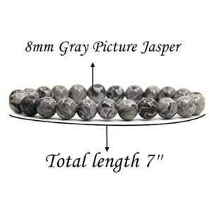 Natural Gray Picture Jasper Gemstone 8mm Ball Beads Stretch Bracelet 7" Unisex