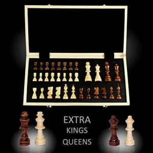 ASNEY Upgraded Magnetic Chess Set, 15" Tournament Staunton Wooden Chess Board Game Set with Crafted Chesspiece & Storage Slots for Kids Adult, Includes Extra Kings, Queens & Carry Bag (15“)
