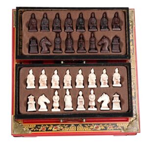 Ireav Retro Terracotta Warriors Chess Set for Kids and Adults Classic Family Board Game with Folding Wooden Chessboard 3D Resin Chess Pieces and Storage Slots (10.23×10.23 inch)