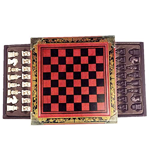 Ireav Retro Terracotta Warriors Chess Set for Kids and Adults Classic Family Board Game with Folding Wooden Chessboard 3D Resin Chess Pieces and Storage Slots (10.23×10.23 inch)