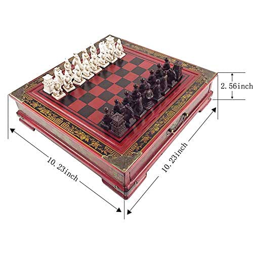 Ireav Retro Terracotta Warriors Chess Set for Kids and Adults Classic Family Board Game with Folding Wooden Chessboard 3D Resin Chess Pieces and Storage Slots (10.23×10.23 inch)