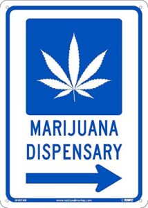 nmc m487ab notice – marijuana dispensary arrow sign - 14 in. x 10 in. aluminum notice with right arrow, marijuana graphic, blue text on white