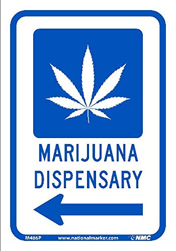 NMC M486P Notice – Marijuana Dispensary Arrow Sign - 10 in. x 7 in. Vinyl Notice with Left Arrow, Marijuana Graphic, Blue Text on White