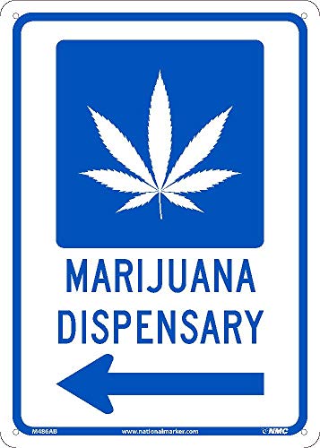 NMC M486AB Notice – Marijuana Dispensary Arrow Sign - 14 in. x 10 in. Aluminum Notice with Left Arrow, Marijuana Graphic, Blue Text on White