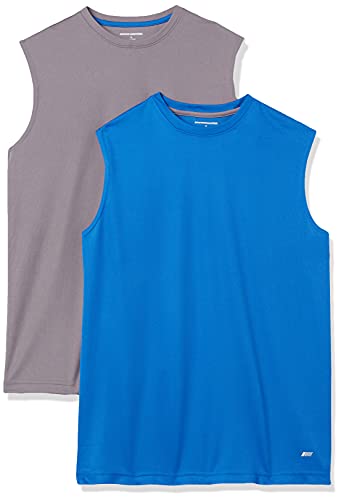 Amazon Essentials Men's Performance Tech Muscle Tank T-Shirt, Pack of 2, Medium Grey/Royal Blue, XX-Large