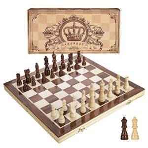 amerous 15 inches magnetic wooden chess set - 2 extra queens - folding board, handmade portable travel chess board game sets with game pieces storage slots - beginner chess set for kids, adults