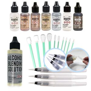 ranger tim holtz alcohol ink mixatives (all 7 colors), 2-ounce ranger blending solution, 3 pixiss blending brush pens, 10 pixiss precision ink blending tools