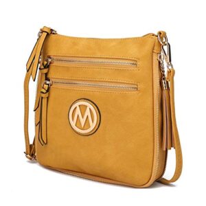 MKF Crossbody Bags for Women, PU Leather Crossover Handbag, Tassels, Small Shoulder Side Messenger Purse Mustard